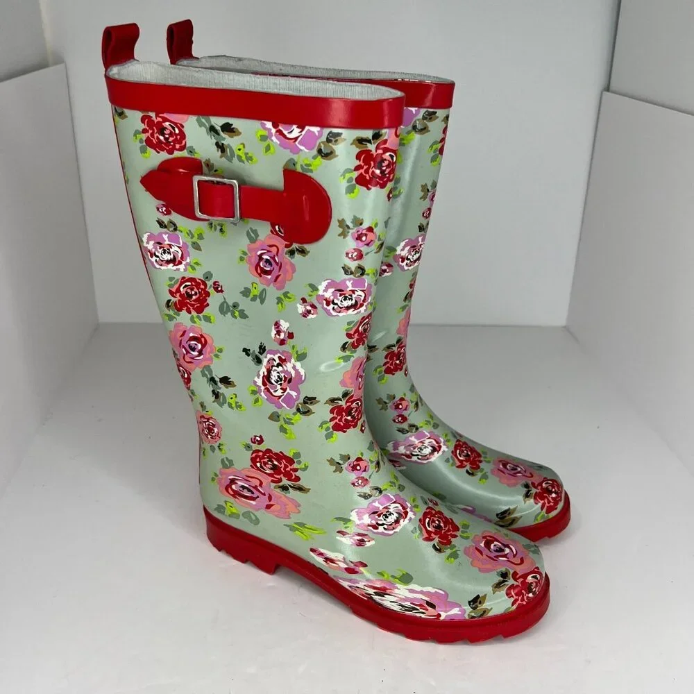 Womens Green Waterproof Garden Strap Floral Mid Calf Slip On Size 6 Rain Boots